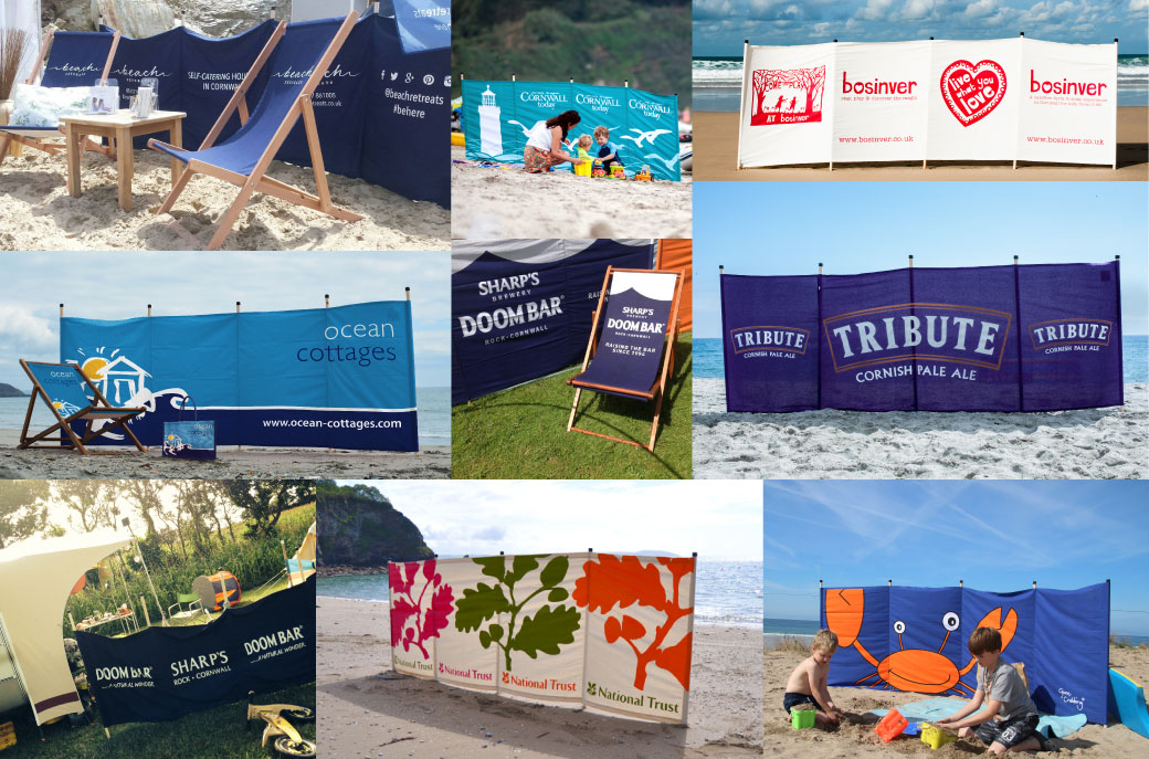 Branded promotional advertising windbreaks and deck chairs